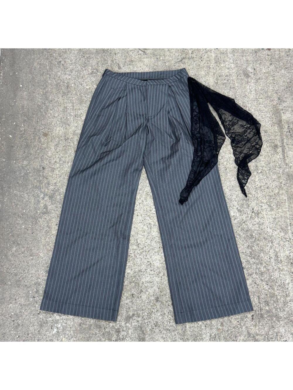 PRRP Grey Pinstripe Low-Rise Wide-Leg Trousers w Lace Detail